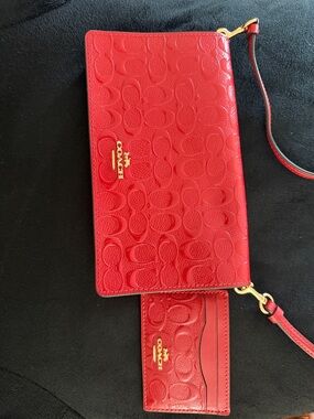 Coach Red Embossed Signature Crossbody Wristlet with Card Case